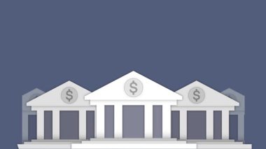 Geleneksel finansman kriptoya karşı, çeşitli biçimlendirilmiş bina cepheleri, bankalara, finans kurumlarına benzeyen, dolar işaretleri, geleneksel finans ve kripto para birimleri arasındaki etkileşim