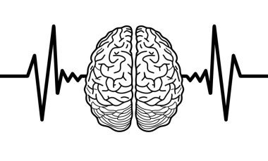 Beyin aktivitesini, nörolojiyi, akıl sağlığını, elektrokardiyogramı, insan beynini, anatomi biyolojisini sembolize eden elektrokardiyogramı olan insan beyninin çizimi.