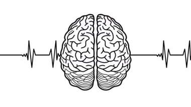 Beyin aktivitesini, nörolojiyi, akıl sağlığını, elektrokardiyogramı, insan beynini, anatomi biyolojisini sembolize eden elektrokardiyogramı olan insan beyninin çizimi.
