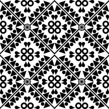 Siyah ve beyaz desenler geometrik şekillerin karmaşık bir düzenini içerir. Daireler, üçgenler, alternatif kareler ve elmaslardan oluşan bir ızgarada organize edilmiş siyah ve beyaz geometrik şekiller.