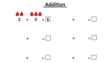 Renkli emojisi olan çocuklar için matematik ek çalışma tablosu, anaokulu ve anaokulu öğrencileri için eğlenceli eğitim aktivitesi ve temel sayım ve ek sayı öğrenimi