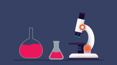 kürtaj ekipmanları grafiği, kimya tüpü mikroskobu, kimyasal reaksiyon, renkli test tüpleriyle bilim deneyi kurulumu, bilimsel araştırma sembolü, kimya üzerine odaklanan eğitim materyalleri