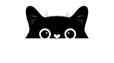 Siyah bir kedi yüzü, belirgin beyaz gözleri, küçük bir kalp şeklinde burnu, ve bıyıkları, evcil hayvanları, kedileri, hayvani şirinliği, kalbi olan bir kedi, beyaz bir arka planı var.