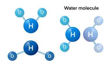 İki hidrojen atomu ve bir oksijen atomu, moleküler yapı ile bileşimini gösteren bir su molekülü (HO) tasviri ve hidrojen ve oksijenin atom düzeninin görselleştirilmesine yardımcı olur.