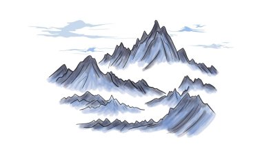 Geleneksel Çin ya da Japon mürekkep boyası tarzında, beyaz arka planda, dağ manzarası ve sisli ve bulutlu mavi dağ manzarası.