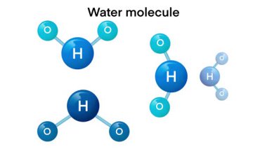 Kimya atomu, bir su molekülü (HO), iki hidrojen atomu ve bir oksijen atomu, moleküler yapı ile bileşimini sergiler ve hidrojen ve oksijenin atomik düzenini görselleştirmeye yardımcı olur.
