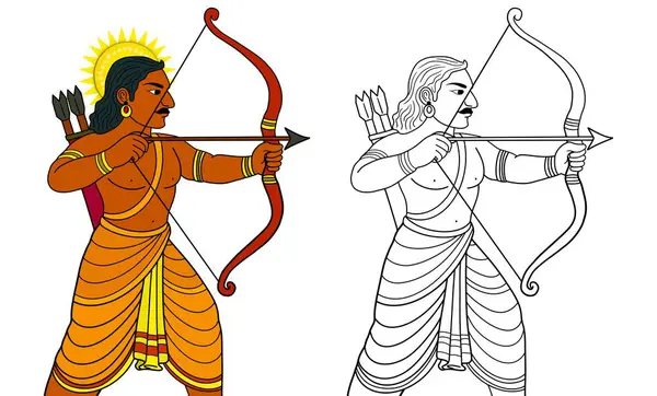 Karna 'nın Mahabharata' dan bir ok ve yay hedeflediği tasviri, hem renkli hem de çizgi sanat versiyonlarıyla tasvir edilmiş, renklendirme ve eğitimsel çizimler için mükemmel, yaylı okçu