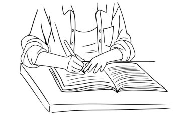 El çizimi bir kitap, açık bir deftere yazı yazan bir kadın çizimi, boyama kitapları, eğitici çizimler, tasarım öğeleri için mükemmel.