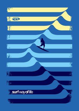 Eğimli çizgili dalga simülasyonunun vektör çizimi. Sörfçü siluet sanatı. Baskılar, posterler ve benzeri şeyler için tasarım...