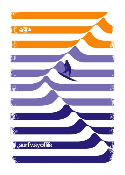 Ilustración Vectorial Simulación Ondas Con Rayas Curvas Arte Silueta Surfista — Vector de stock