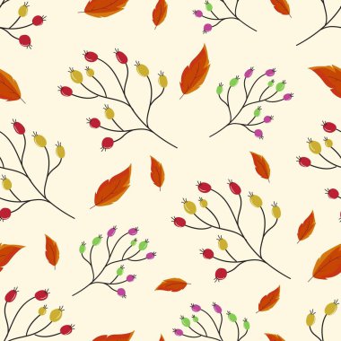 Basit el çizimi yapraklar, kiraz ve arka plan için dikişsiz desen
