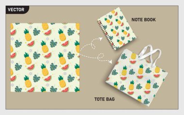 Sahte çanta ve ananas meyveli not defteri, yapraksız desen..