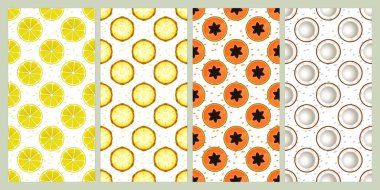 Set of seamless pattern. Lemon, pineapple, papaya, coconut. Fruit pattern. Summer pattern. Patterns for textiles or for covers. Wallpapers. clipart