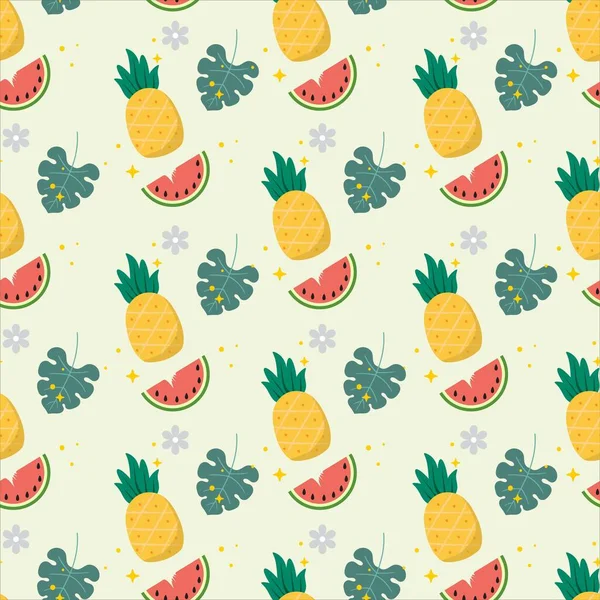 Ananas Und Scheibe Wassermelone Nahtloses Muster Mit Pastellfarbenem Hintergrund — Stockvektor