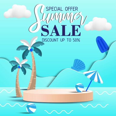 Vector 3D İllüstrasyon yaz indirimi 3D podyumu model ve arkaplan için.