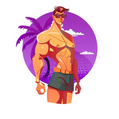 Karakterli, yakışıklı, kumsalda, şişmiş bir çocuk.