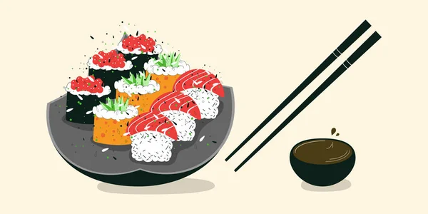 漫画風ベクトルイラスト サーモンロール キャビア キュウリ 日本の棒 日本の伝統料理 — ストックベクタ