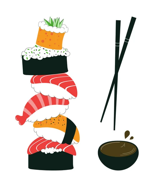 Sushi Set Tecknad Stil Vektor Illustration Platt Stil — Stock vektor