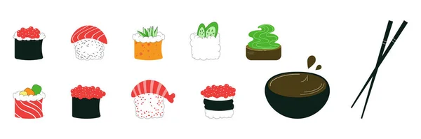 Набор Суши Векторная Иллюстрация Минимализм Линейное Искусство Японская Кухня — стоковый вектор
