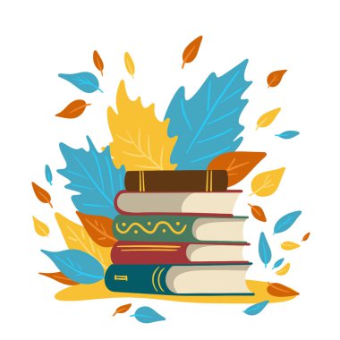 Sonbahar ördek çizimi. Kitap yığını ve sonbahar yaprakları. Çizgi film tarzında vektör illüstrasyonu.