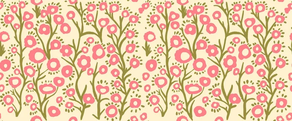 Abstract art of small plant flowers. Seamless background doodle freehand illustration. Organic flowers cartoon background, simple flower shapes in vintage pastel colors.