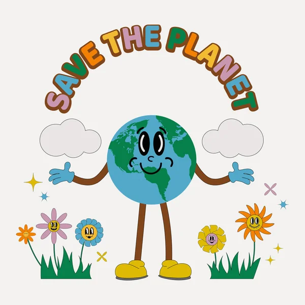 70年代レトロなスタイルの地球の文字 地球の日のためのポストカード 地球を救え 地球のタリスマン — ストックベクタ