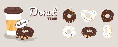 Donutlu donut. Bir fincan kahve ve çikolatalı ya da kremalı donut. Çörek ve kahve zamanı, menü. Donut Vektörü ve Sanat Klipsi Tasarımı.
