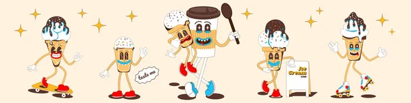 アイスクリームレトロな漫画ステッカー トレンディなレトロなサイケデリック漫画スタイルのグロビーファンキーベクター カフェ レストランのための面白いアイスクリーム — ストックベクタ