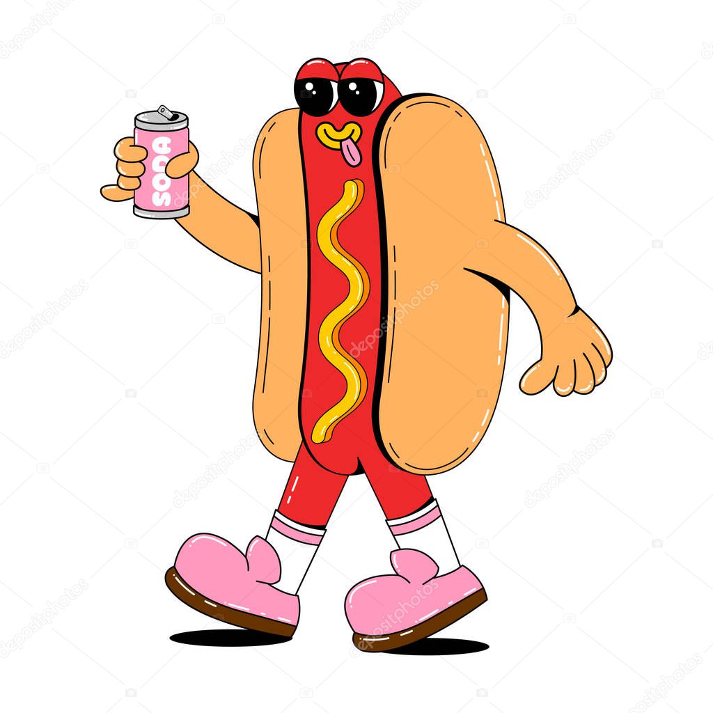 Hot dog character in retro cartoon style. Fast food vector illustration on white isolated background. Hot Dog with arms, legs and a cheerful face.