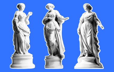 Rönesans 'ın retro kolaj tarzında kadın heykelleri. Yarım tonlu vektör illüstrasyonu. Klasik tarzda çıkartma seti.