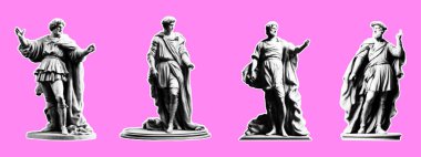 Rönesans 'ın retro kolaj tarzında erkek heykelleri. Yarım tonlu vektör illüstrasyonu. Klasik tarzda çıkartma seti.