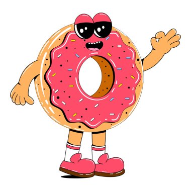 Çizgi film tarzında tatlı bir çörek karakteri. Kolları, bacakları ve beyaz izole edilmiş arka planda neşeli bir yüzü olan bir tatlı maskotunun vektör çizimi.