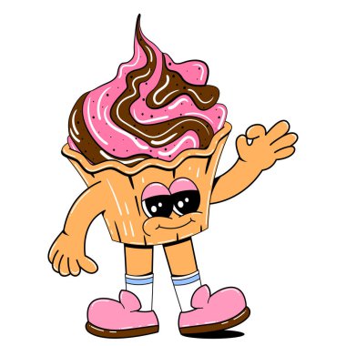 Geçmişe dönük çizgi film tarzında şirin bir kek karakteri. Neşeli bir yüzü, kolları ve bacakları olan bir tatlı maskotunun vektör çizimi.