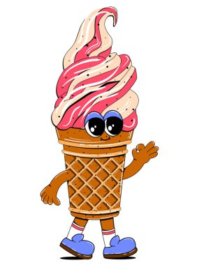 Eski çizgi film tarzında tatlı bir dondurma karakteri. Kafe, restoran, menü için dondurma maskotunun vektör renkli çizimi.