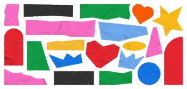 Yırtık bir kağıt parçası. Pürüzlü kenarları ve buruşuk kağıt dokusu olan çok renkli kare çerçeveler. Kolaj çıkartması, yama bandı. Kaligrafi kenarı, izole grunge başlık arkaplanı.