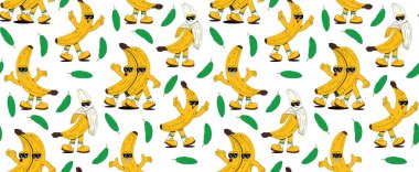 Kusursuz retro çizgi film muz meyve karakterleri. Farklı pozlarda ve duygularda şirin muz maskotları olan modern soyut bir arka plan..