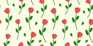 Kusursuz desenli, güller eski moda tarzında. Vektör, kırmızı karikatür çiçekli soyut arkaplan.