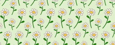 Eski moda papatya desenli kusursuz desenler. Çizgi film bitkileriyle vektör, soyut arkaplan.