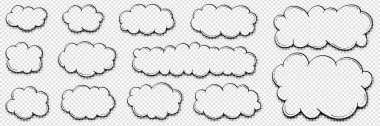 Saydam bir arkaplanda yarım ton etkisi olan bulut şeklinde bir çizgi film konuşma baloncukları seti. Metin için yeri olan vektör karalamaları, pankartlar için el çizimi, çizgi roman tarzında posterler.