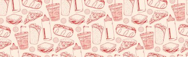 Fast food dikişsiz kalıplı retro-lineer tarzda. Robot resim şeklinde elle çizilmiş vektör çizimi. Restoran menüsü, kafe, reklamlar için arka plan.