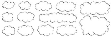 Beyaz izole bir arkaplanda geriye dönük doğrusal bulutlar kümesi. Metin için yeri olan vektör karalamaları, pankartlar için el çizimi, çizgi roman tarzında posterler.