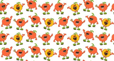 Parlak renklerde, modaya uygun, eski model doğrusal meyve deseni. Retro 70 'lerin sanat karakteri arkaplan çizimi. Şeftalili eğlenceli renkli moda baskı..