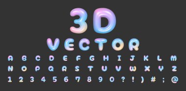 Parlak 3D çok renkli kabarcık yazı tipi Y2K tarzında. Şişirilmiş harfler, sayılar ve semboller 2000 'lerin tarzında renkli balonlardan. İngiliz alfabesinin gerçekçi vektör çizimi.