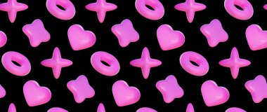 Şişirilmiş geometrik şekillerin kusursuz deseni. Pembe balon, kalp, çörek ve yıldız şekilli soyut vektör arkaplanı.