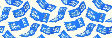 Hediye kuponlarıyla soyut, kusursuz desen. Gerçekçi, farklı şekillerde mavi indirim kuponları 3 boyutlu olarak. İş tanıtımı ve çevrimiçi alımlarda indirimler.