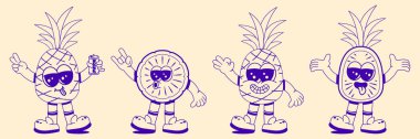 Harika ananas seti. Eski moda doğrusal modaya uygun komik bir karakter. Doodle Çizgi Roman Koleksiyonu.