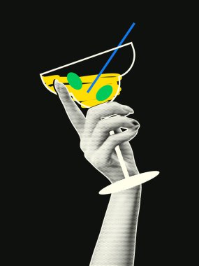 Dikey, retro kolaj tarzında bayram afişi. Yarım ton efektli bir kadının elinde bir bardak kokteyl olur..