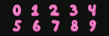 Vector set of glossy 3D bubble numbers Y2K style. Realistic shiny plastic pink numbers.