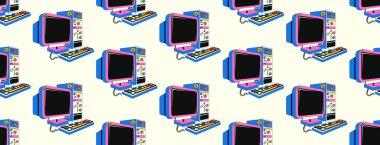 Seamless pattern with old retro computer in Y2k style. Colorful vector background of pink computer in isometric. Nostalgia for 1990s -2000s.