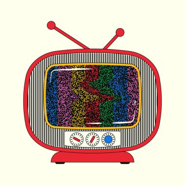 Gürültülü eski bir eski televizyon. 90-2000 'lerin tarzında çizgili bir televizyonun parlak vektör çizimi.